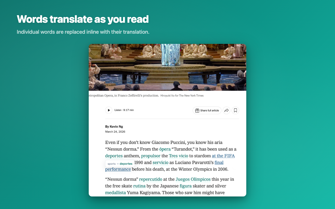 Words translate inline as you read — teal-colored Spanish words replace English in a New York Times article
