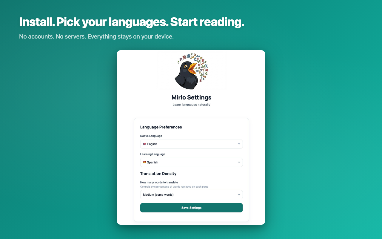 Install, pick your languages, and start reading — the simple Mirlo settings page