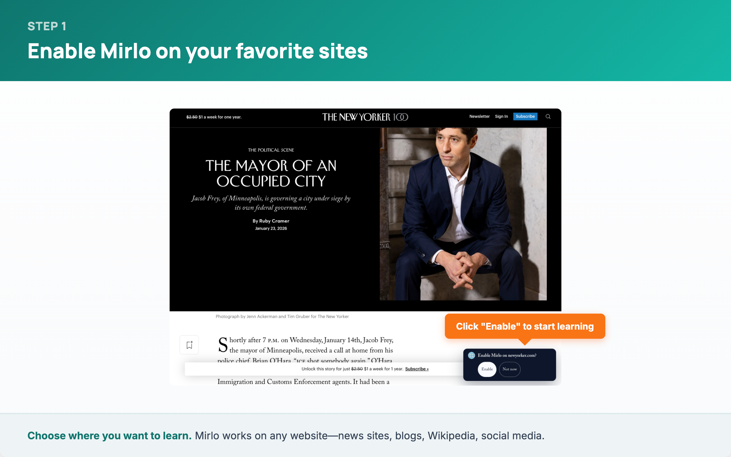 Step 1: Enable Mirlo on your favorite sites — shows The New Yorker with the Mirlo activation popup