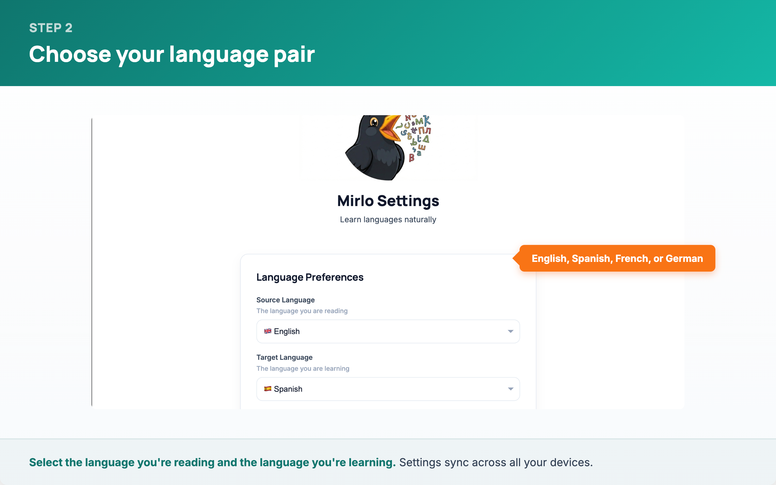 Step 2: Choose your language pair — shows settings page with English and Spanish selected