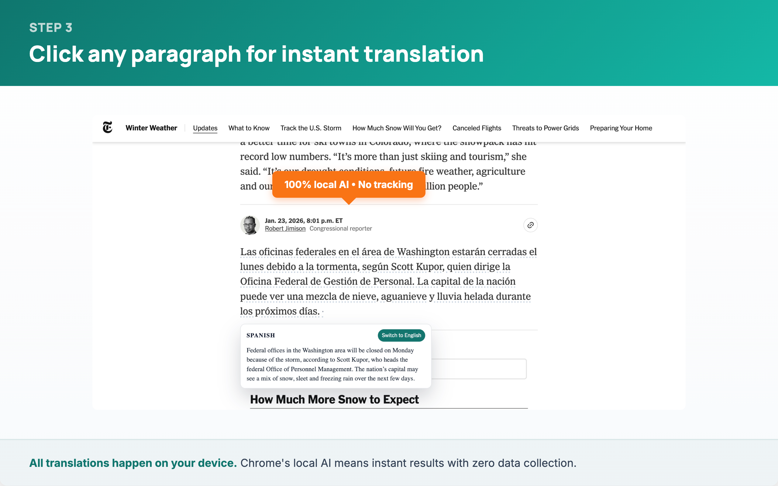 Step 3: Click any paragraph for instant translation — shows a translated paragraph with a Switch to English button