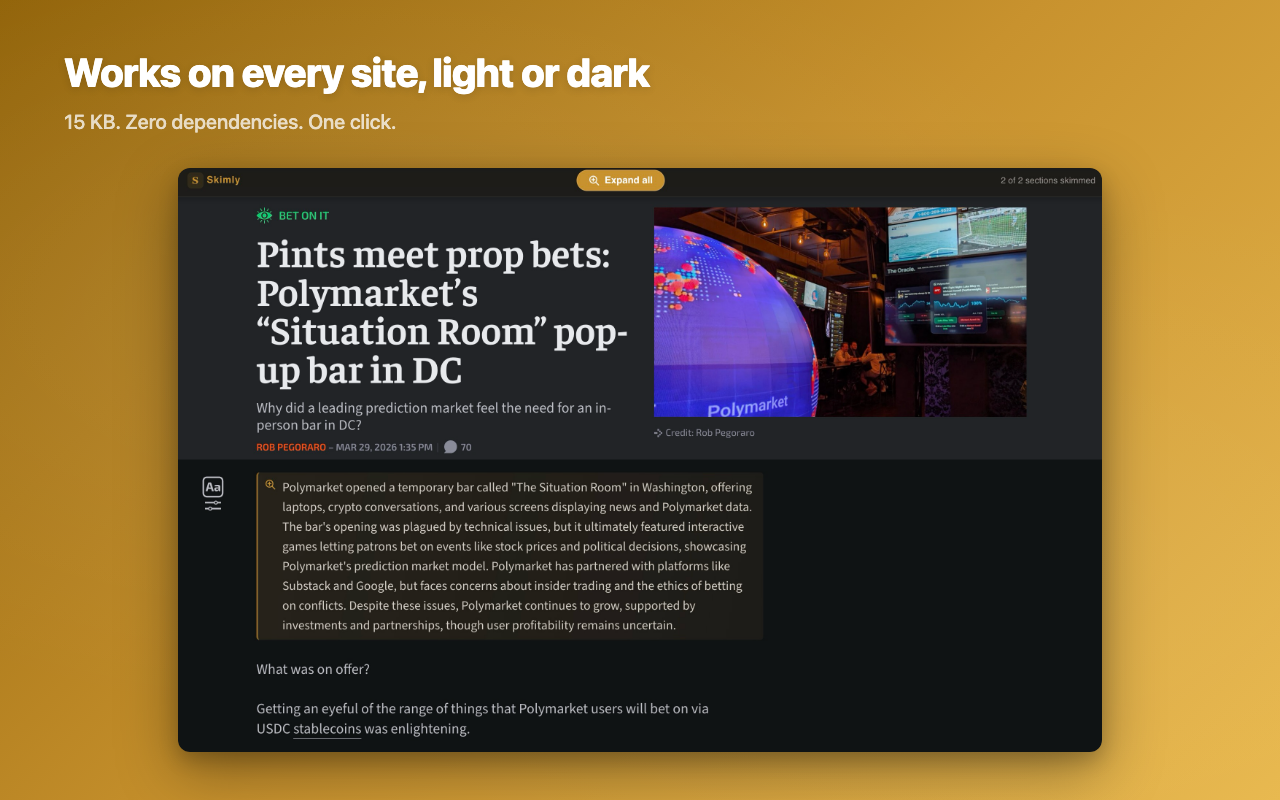 Skimly working on a dark-themed site with adapted colors