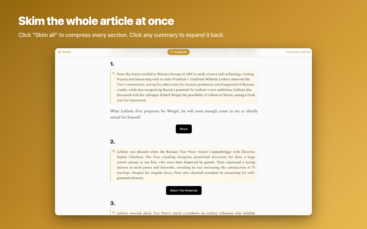 An entire article compressed with Skim All — every section summarized, sticky bar showing Expand All