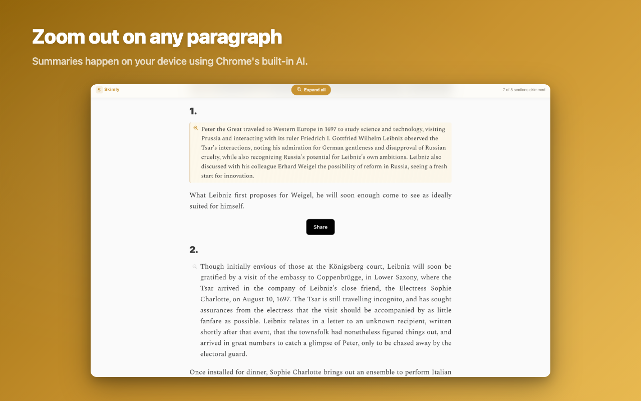 A real article with Skimly active — magnifier lenses on paragraphs, one paragraph skimmed with amber background